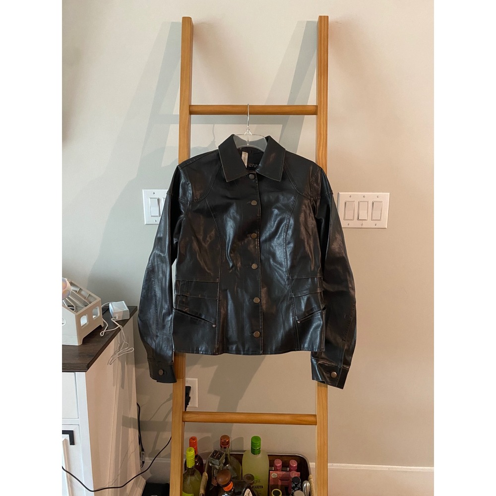 No Boundaries Womens Size XL Black Faux Leather Button Front Jacket Coat Y2K